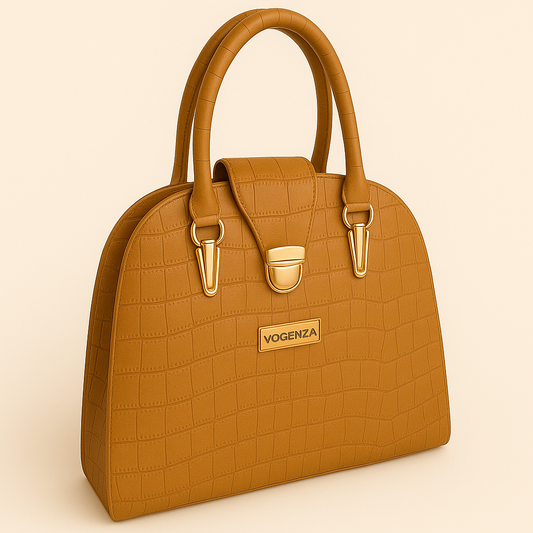 VOGENZA Vintage Croc-Pattern Brown Handbag – Elegant Top Handle Tote for Women