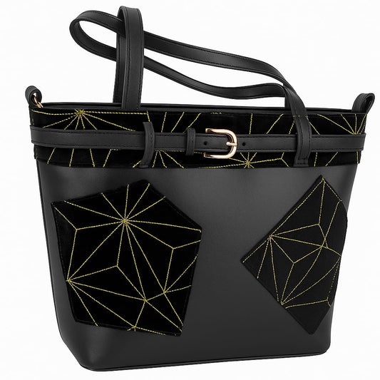 VOGENZA Black Geometric Velvet Tote
