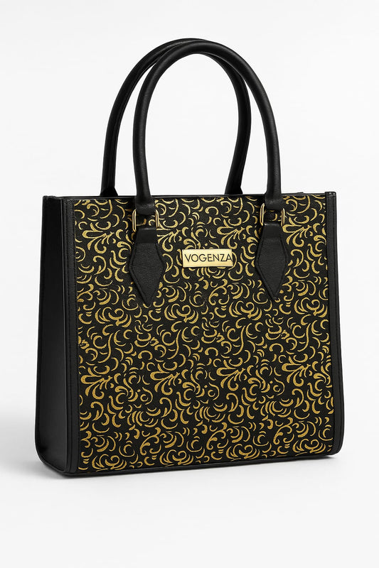 VOGENZA Royal Black & Gold Embroidered Tote – Luxe Festive Edition